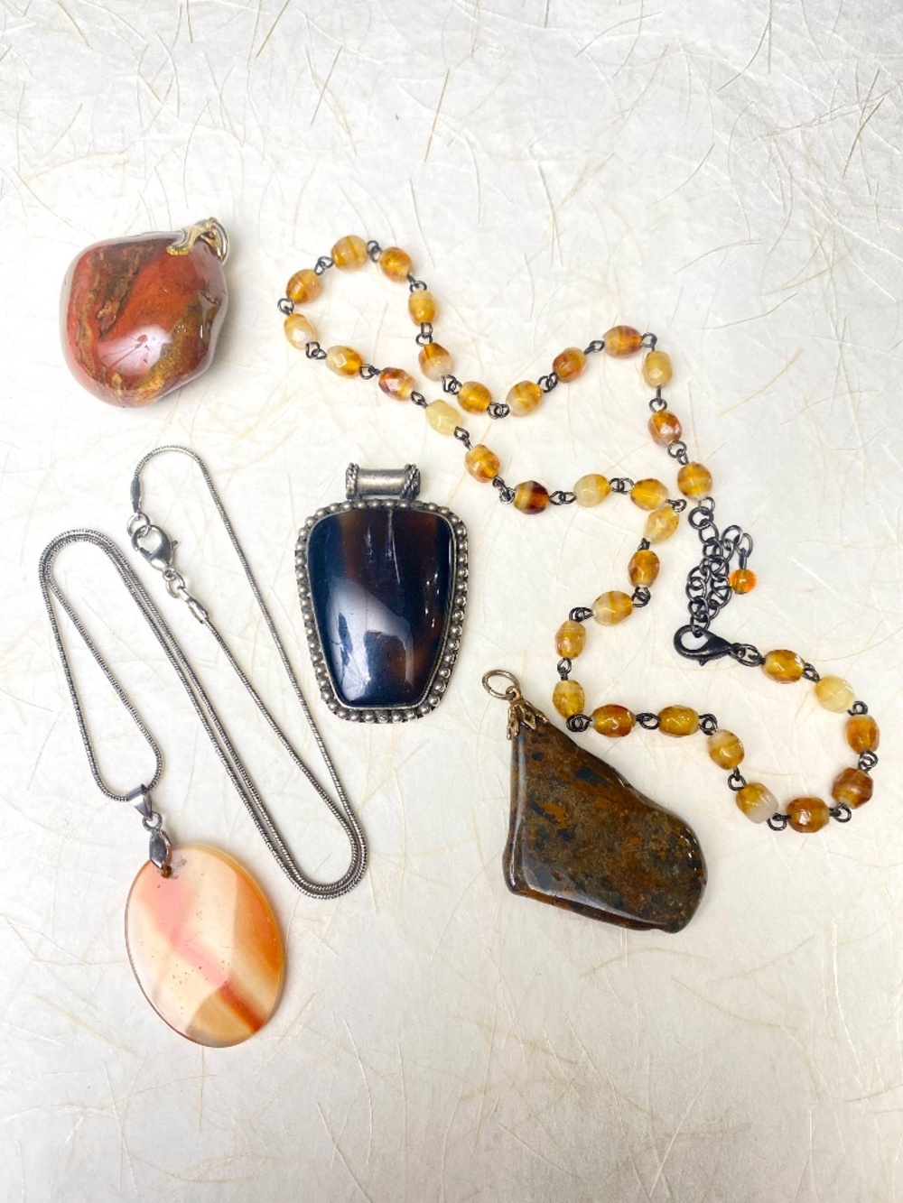 Fall Color Stone Pendant Necklace Jewelry Lot Silvertone Agate Jasper Carnelian
